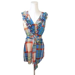 Fei Anthropologie Multicolor Plaid Ruffle Belted Sleeveless Blouse 0